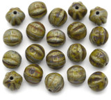 20pc 6mm Czech Pressed Glass Fluted Melon Beads, Opaque Olivine w/Picasso