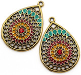 2pc Approx. 33x23mm Enameled Rhinestone Teardrop Pendants, Antique Gold Floral