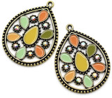 2pc Approx. 39x30mm Enameled Rhinestone Teardrop Pendants, Antique Gold w/Coral, Yellow & Mint