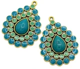2pc Approx. 36x27mm Enameled Teardrop Pendants w/Acrylic Accents, Antique Gold w/Turquoise & Mint