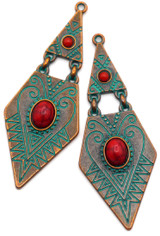 2pc Approx. 58x22mm Kite Pendants w/Red Acrylic Accents, Antique Copper Patina