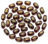 5-Gram Bag (Approx. 35pcs) 6x4mm Czech Pressed Glass Starburst Oval Beads, Garnet w/Gold Wash