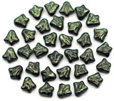 Approx. 10-Gram Bag of 9mm Czech Pressed Glass Lily Flower Beads, Jet w/Iridescent Deep Green