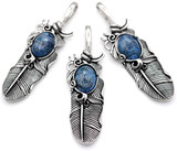 1pc 62x19mm Feather Pendant with 14x11mm Blue Picasso Marble (Dyed) Accent, Antique Silver