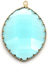Approx. 43x30mm Brass & Crystal Faceted Oval Pendant, Gold/Aqua