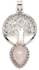 1pc 49x26mm Rose Quartz Tree of Life Pendant, Silver