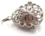 35x28mm Filigree Bead Cage Pendant w/Rose Quartz 16mm Round, Silver