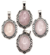 1pc 29x20mm Rose Quartz Oval Pendant w/Filigree Frame, Antique Silver