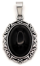 29x20mm Black Obsidian Oval Pendant w/Filigree Frame, Antique Silver