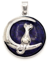 31x28mm Lapis Lazuli (Dyed) Pendant w/Crescent Moon & Cat, Antique Silver
