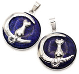 31x28mm Lapis Lazuli (Dyed) Pendant w/Crescent Moon & Cat, Antique Silver