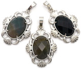 1pc 34x24mm Brass & Indian Agate Faceted Oval Pendant, Antique Silver (See Photos for Variation)