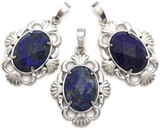 1pc 34x24mm Brass & Lapis Lazuli Faceted Oval Pendant, Antique Silver (See Photos for Variation)