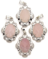 1pc 34x24mm Brass & Rose Quartz Faceted Oval Pendant, Antique Silver (See Photos for Variation)
