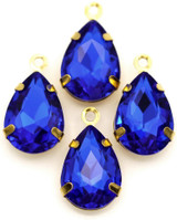 4pc 17x10mm Crystal & Brass Faceted Teardrop Pendants, Gold/Sapphire