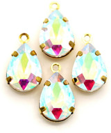 4pc 17x10mm Crystal & Brass Faceted Teardrop Pendants, Gold/Crystal AB