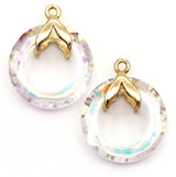 2pc 17x14mm Faceted Crystal Donut & Brass Mermaid Tail Charm, Gold/Crystal AB