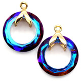 2pc 17x14mm Faceted Crystal Donut & Brass Mermaid Tail Charm, Gold/Mystic Blue