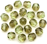 20pc 6mm Czech Fire-Polished Glass Faceted Round Beads, Transparent Gray & Transparent Peridot Swirl
