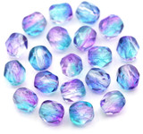 20pc 6mm Czech Fire-Polished Glass Faceted Round Beads, Crystal w/Dual Coat Teal & Fuchsia