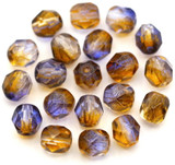20pc 6mm Czech Fire-Polished Glass Faceted Round Beads, Crystal w/Dual Coat Orange & Sapphire