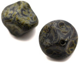 4pc 13mm Czech Pressed Glass Pinched Bicone Beads, Matte Jet w/Picasso