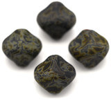 4pc 13mm Czech Pressed Glass Pinched Bicone Beads, Matte Jet w/Picasso