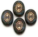 4pc 14x10mm Czech Pressed Glass Kiwi Oval Beads, Milky Sapphire w/Picasso & Copper
