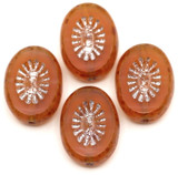 4pc 14x10mm Czech Table-Cut Glass Kiwi Oval Beads, Pink Opal w/Picasso & Silver Wash