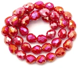 Approx. 10" Strand 6mm Crystal Faceted Drop Beads, Opaque Coral Red/Full AB
