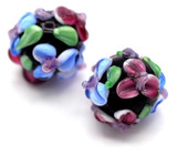 14mm Finely-Detailed Lampwork Art Glass Floral Barrel Bead, Violet w/Pink & Blue Flowers