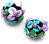 14mm Finely-Detailed Lampwork Art Glass Floral Barrel Bead, Violet w/Aqua & Lavender Flowers