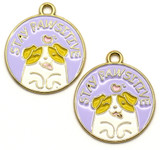 2pc 23x20mm Enameled "STAY PAWSITIVE" Round Puppy Charms, Purple/Gold