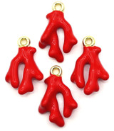 4pc 16x11mm Enameled Coral Branch Charms, Red/Gold