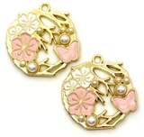 2pc 27x28mm Enameled Cherry Blossom Wreath Pendants w/Plastic Pearl Accents, Pink/White/Light Gold
