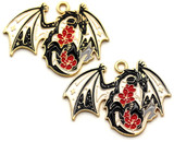 2pc 33x25mm Enameled Dragon w/Flowers Pendants, Gold