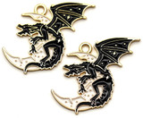 2pc 29x28mm Enameled Dragon on Crescent Moon Pendants, Gold