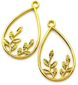 2pc 30x18mm Leafy Teardrop Pendants, Gold