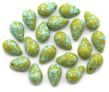 20pc 9x6mm Czech Pressed Glass Top-Drilled Teardrop Beads, Opaque Olivine w/Sky Blue Splatter