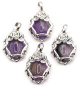 1pc Approx. 25x20mm Amethyst & Brass Oval w/Rose Pendant, Silver (See Photos for Variation)