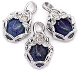1pc Approx. 25x20mm Lapis Lazuli (Dyed) & Brass Oval w/Rose Pendant, Silver (See Photos for Variation)