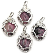 1pc Approx. 25x20mm Rhodonite & Brass Oval w/Rose Pendant, Silver (See Photos for Variation)