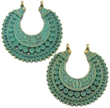 2pc 38mm Ornate Crescent Pendants, Antique Bronze w/Green Patina