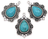 1pc 34x25mm Detailed Teardrop Pendant w/Synthetic Turquoise (Man-Made), Antique Silver