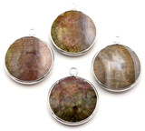 1pc Approx. 28x23mm Brown Crackle Agate Round Pendant in Platinum-Plated Brass (See Photos for Variation)