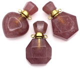 RANDOM PICK: 1pc Approx. 32-37x15-22mm Strawberry Quartz Faceted Perfume Bottle Pendant w/2 Gold Loops (Random Size/Shape)