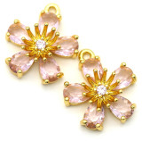 2pc 17x15mm 18k Gold-Plated Brass & Cubic Zirconia Flower Pendants, Rosaline