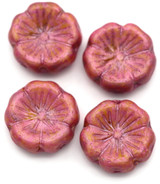 4pc 14mm Czech Pressed Glass Hawaiian Flower Beads, Alabaster w/Chili Pink Spice