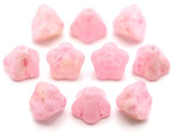 10pc 6x8mm Czech Pressed Glass Bell Flower Beads, Crystal-White Swirl w/Pebbled Rose