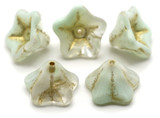 5pc 8x13mm Czech Pressed Glass Bell Flower Beads, Crystal-Tea Green Swirl w/Gold Wash